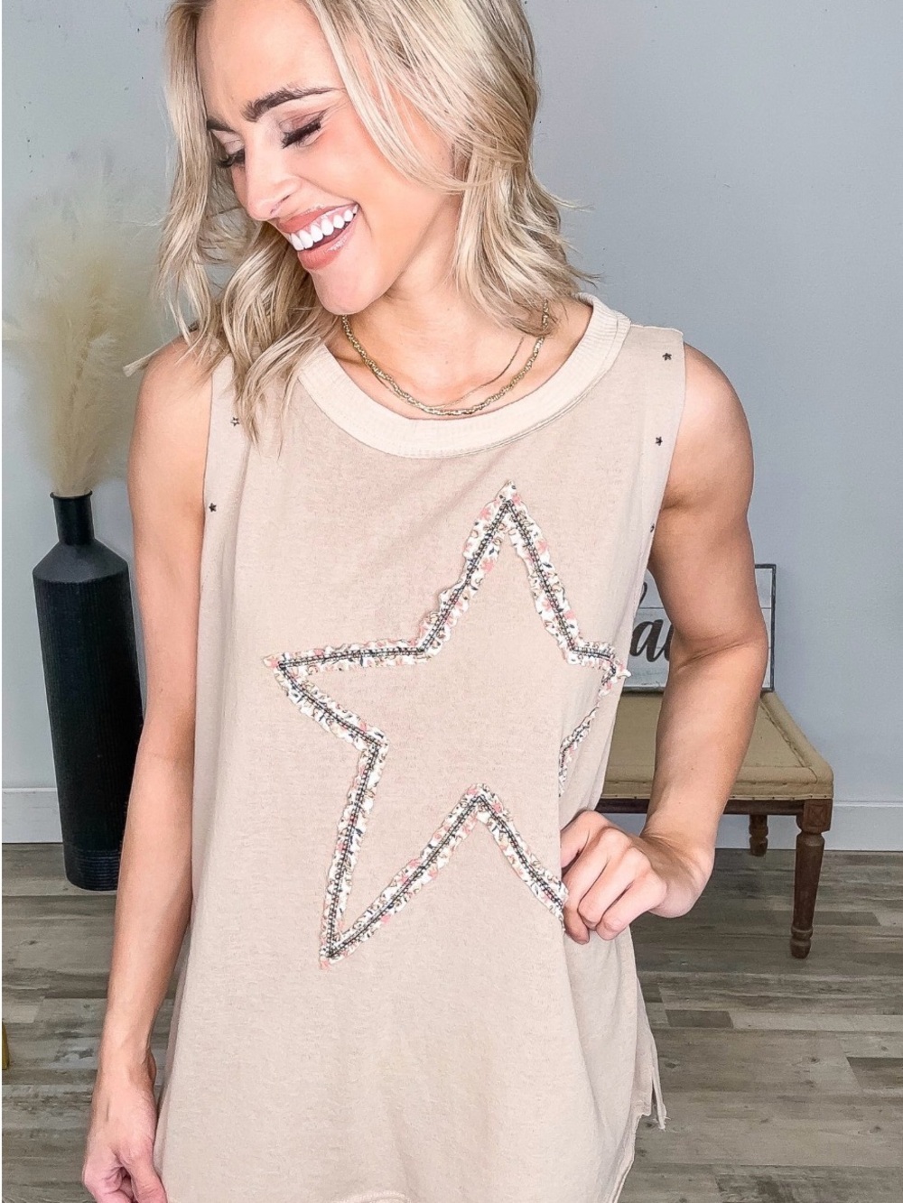 POL Beige Sleeveless Tank with Sequin Star